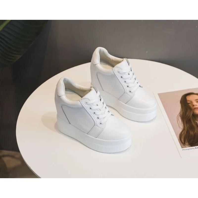 Fashion 11CM Genuine Leather Platform Wedge Shoes Chunky Sneaker white Casual Shoes Comfortable Breathable Spring Autumn Shoes