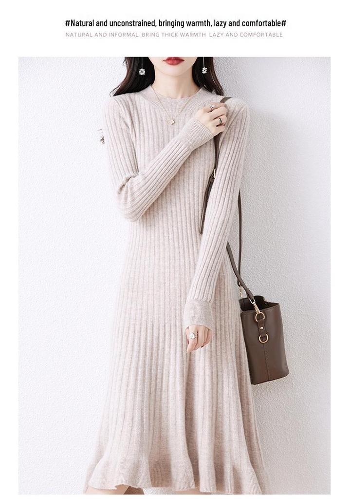 Elegant Women's 100% Pure Wool Knit Dress - Slimming, Round Neck, Long Cashmere for Autumn and Winter