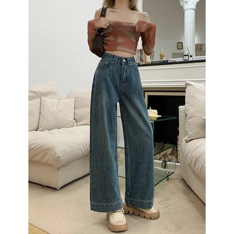 High Waist Wide Leg Denim Pants Women Fall Loose Straight Cut Cropped Jeans With Stretch