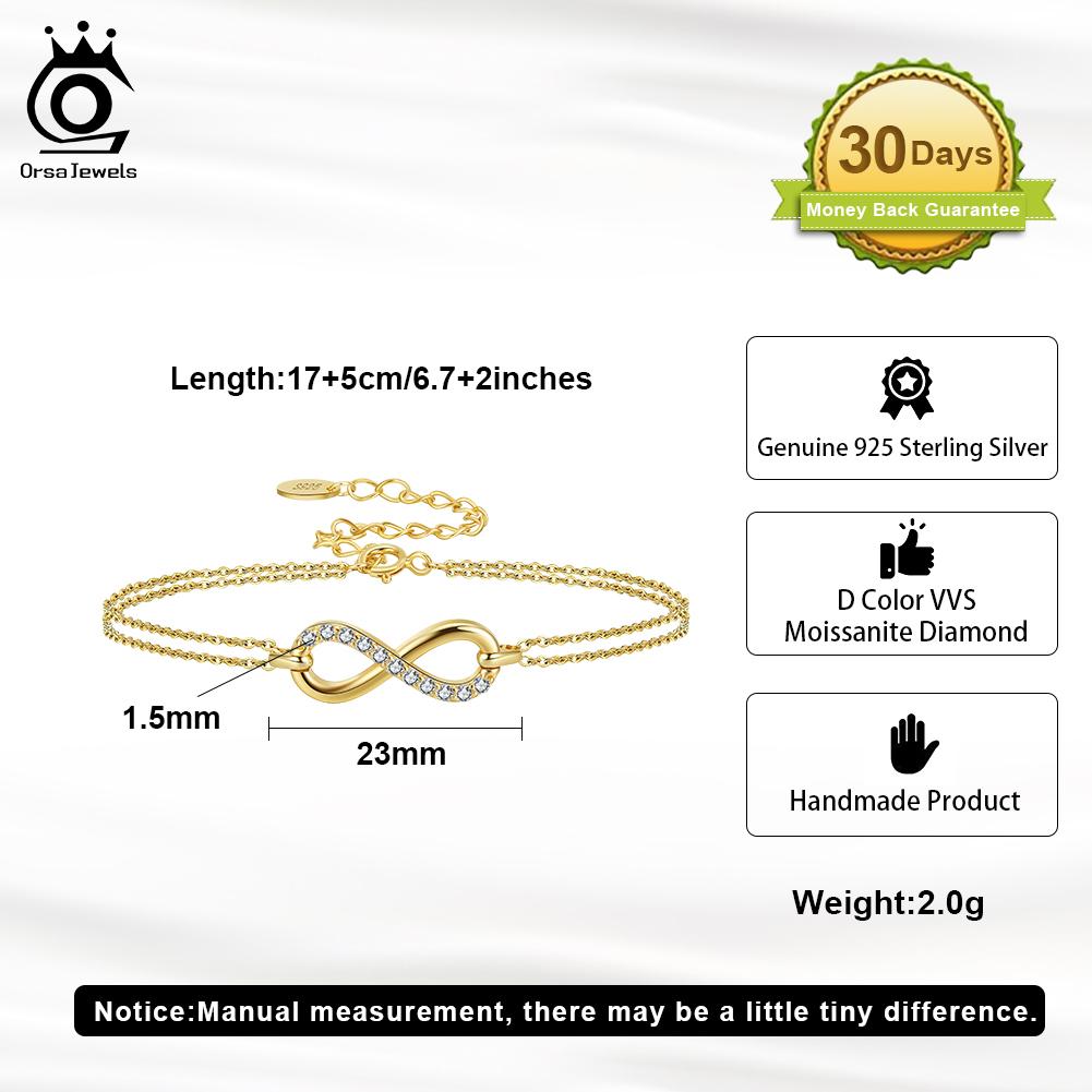 ORSA JEWELS 925 Sterling Silver Infinity Bracelet for Women D Color VVS Moissanite Diamand Love Symbol Hand Chain Jewelry MOB06