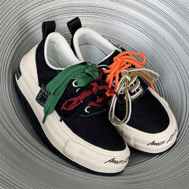 

Star with the same spring and summer low-top board shoes men s fringed rough edge black and white handmade couple casual versatile vulcanized shoes 44 чорний