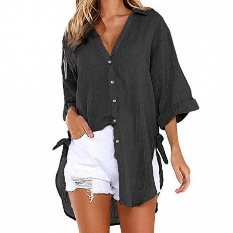 Women's Plus Size Solid Cotton And Linen Hollow Out V-neck Pullover Tops Shirt