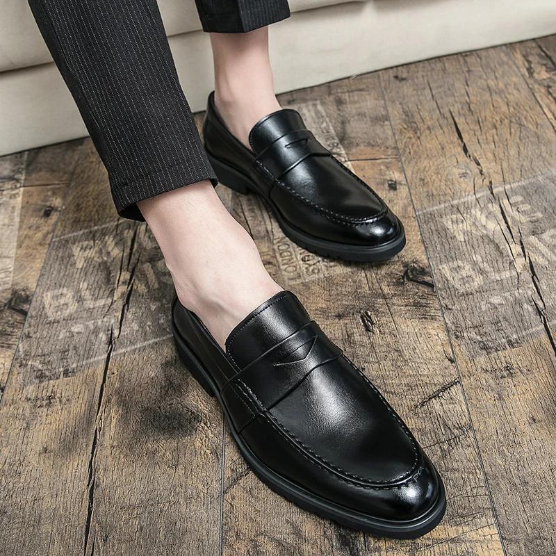 Men Thick Soled Loafers Shoes Leather Dress Shoes Men Outdoor Walking Shoes Comfortable Men Party Wedding Office Large Size Shoe