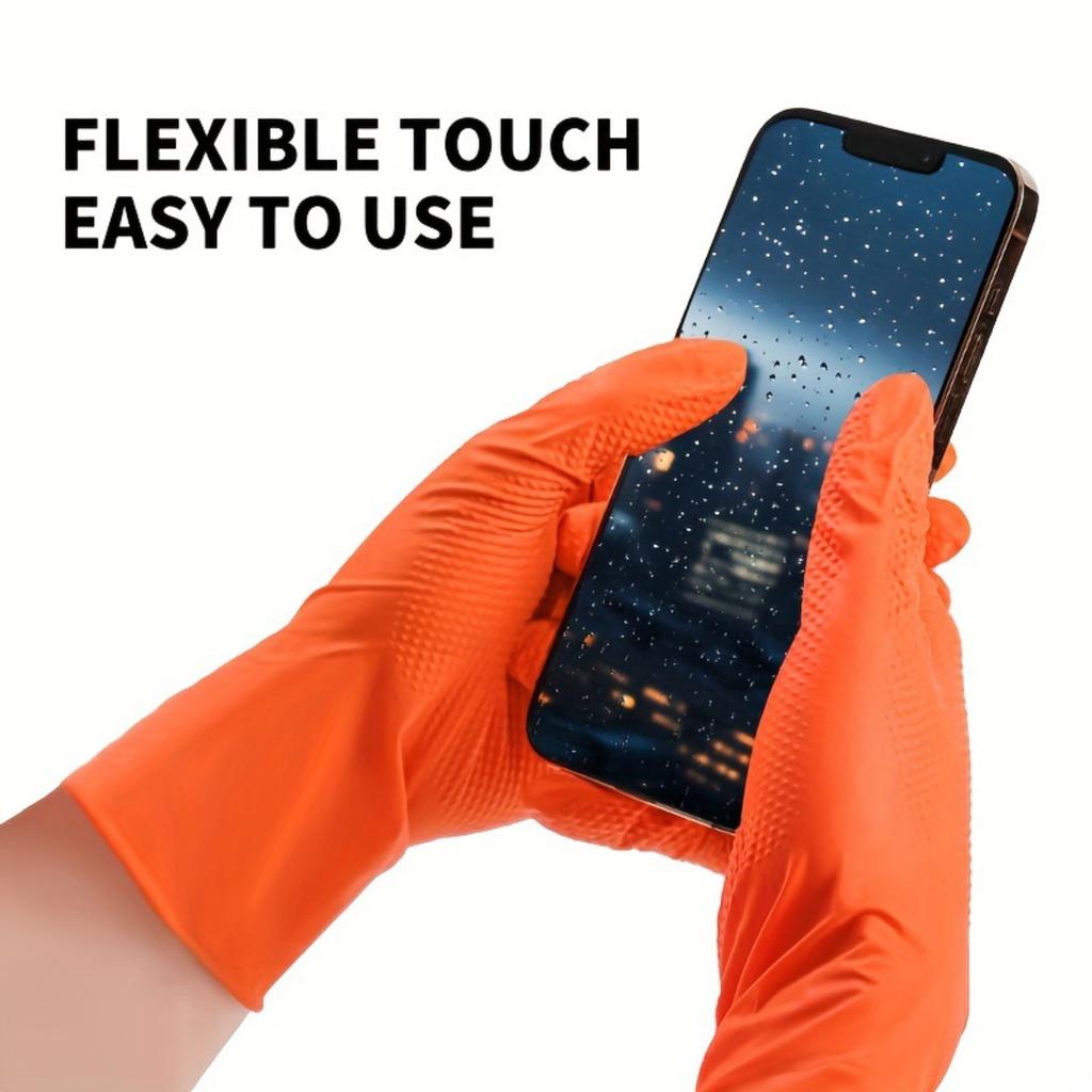 100-1pcs Heavy Duty Orange Nitrile Disposable Gloves with Diamond Textured Grip for Industrial and Mechanic Safety