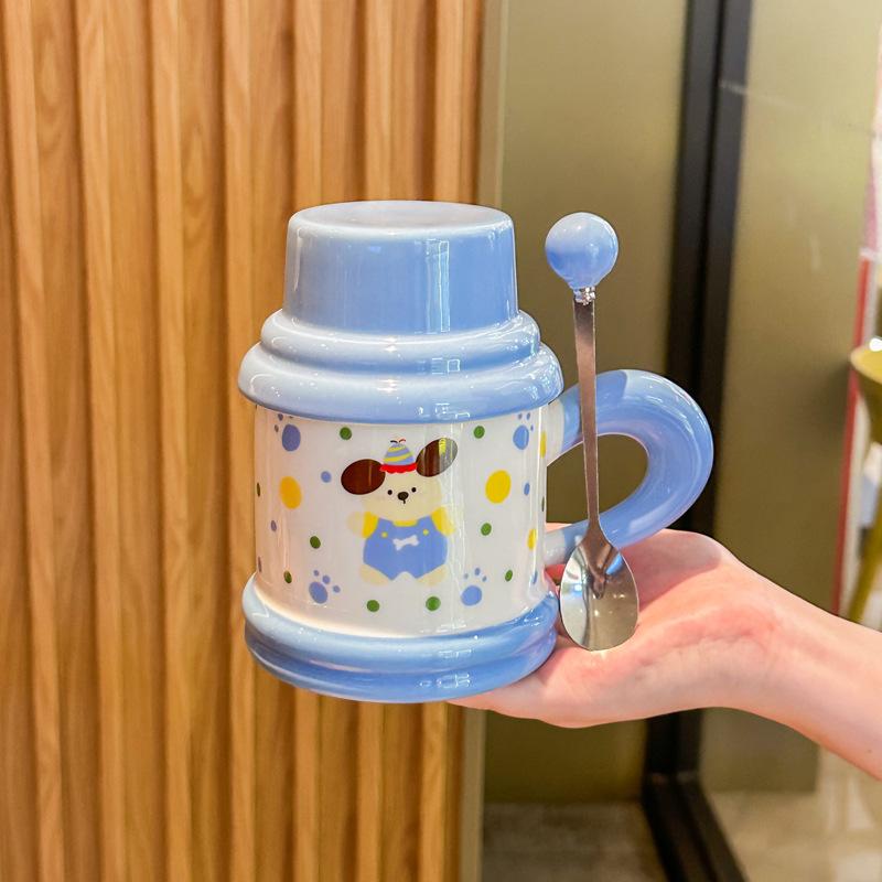Cute and high-value puppy mug with lid spoon cartoon kitten ceramic cup for girl classmates birthday gift