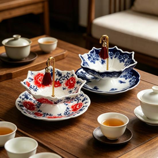 Umbrella-Shaped Ceramic Tea Infuser with Rotating, Chinese Blue & White Ceramic Strainer for Loose Leaf Tea, Kung Fu Tea Filter, Elegant Gift for Tea