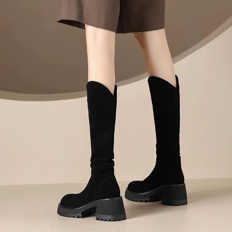 Show leg thin~ knight boots women's autumn and winter 2025 new pleated stack sleeve high boots European and American leather cowboy boots