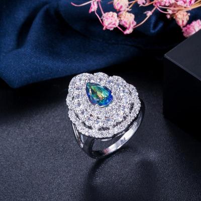 CMM Esclusivo Gioiello da Matrimonio Fidanzamento da Donna Anello Scintillante in Zirconia Cubica con Mistico Blu
