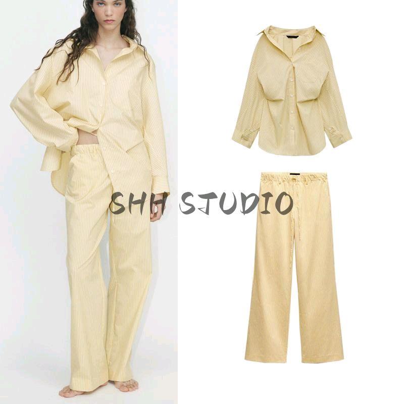 Spring New Women's Clothing French Style Stripes Pajamas Style Pants 4661411 Loose Poplin Shirt 2020458