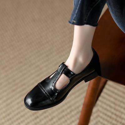 Mode Nya Vår/sommar Mary Jane Skor för Kvinnor Delat Läder Rund Tå Tjock Klack Skor Casual Brogues Svarta Klumpiga Klackskor