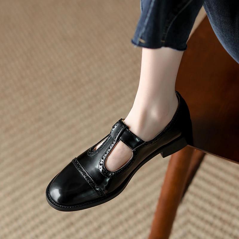 Fashion New Spring/summer Mary Jane Shoes for Women Split Leather Round Toe Thick Heel Shoes Casual Brogues Black Chunky Heel Shoes