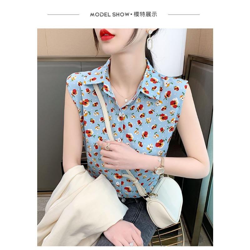 Women's Floral Sleeveless Blouse Lapel Button-Down Chiffon Tank Top