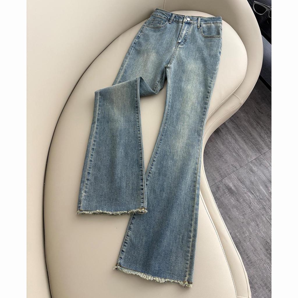 Women's Bestseller Retro Frayed Micro-Flare Jeans - High Waist, Slimming Stretch, Petite Fit for Spring & Autumn