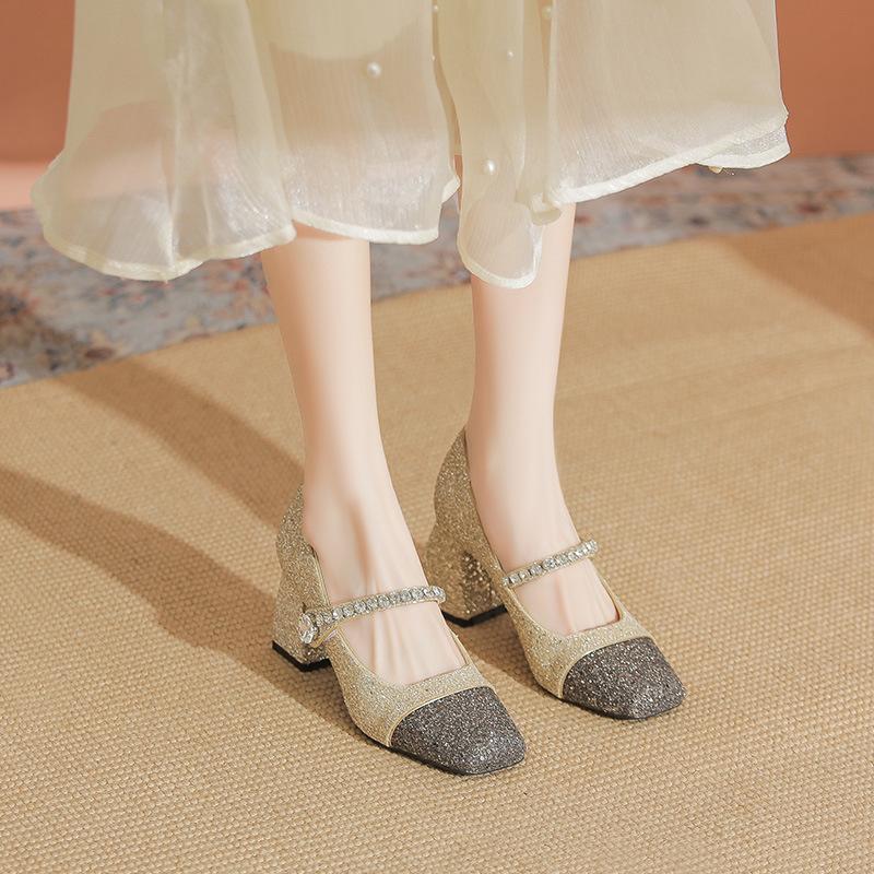 

Shiny temperament bridesmaids splicing small fragrant shoes high heels new sequined wedding shoes thick heel single shoes 40 шампанського