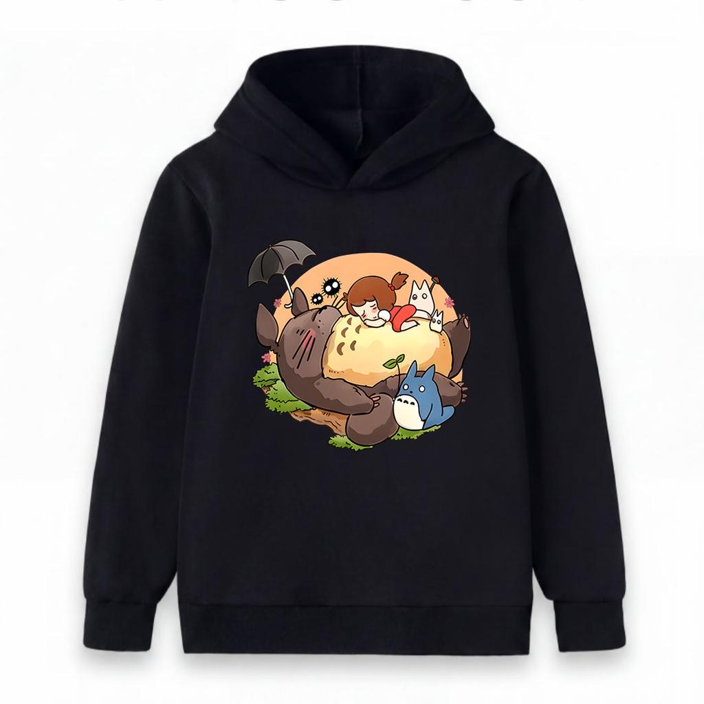 Kids Boys Girls Casual Hooded Sweatshirt, Cute Cartoon Totoro Print Long Sleeve Pullover Tops, Cozy Soft Crew Neck Outerwear for Children Daily Wear