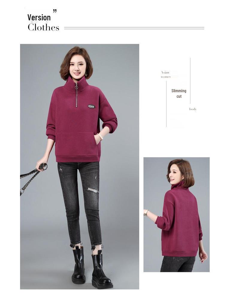 Women's Fleece-Lined Half-Zip Stand Collar Sweatshirt - 2024 Autumn/Winter Korean Style for Middle-Aged Moms
