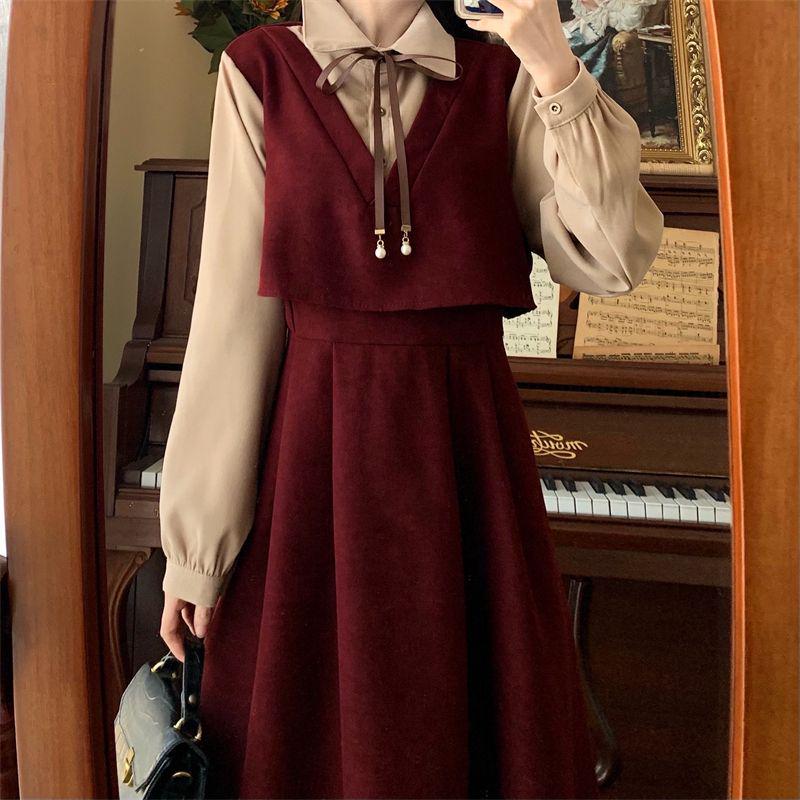 Women's Plus Size French Retro Red Corduroy Spliced Two-Piece Dress, Autumn/Winter Style