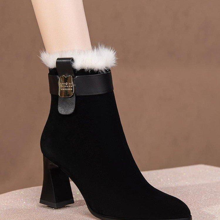 Pointed thick heel short boots women's winter matte short tube thickened high heel Martin boots warm hairy boots women's boots