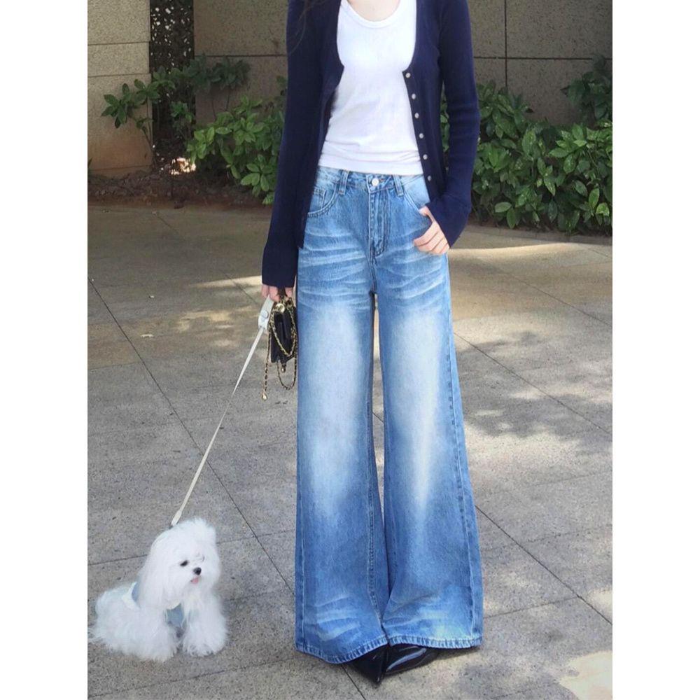 Plus Size Tall Women s High Waist Distressed Blue Jeans - Retro Straight Leg, Floor Length Pants S (80-95 lbs)