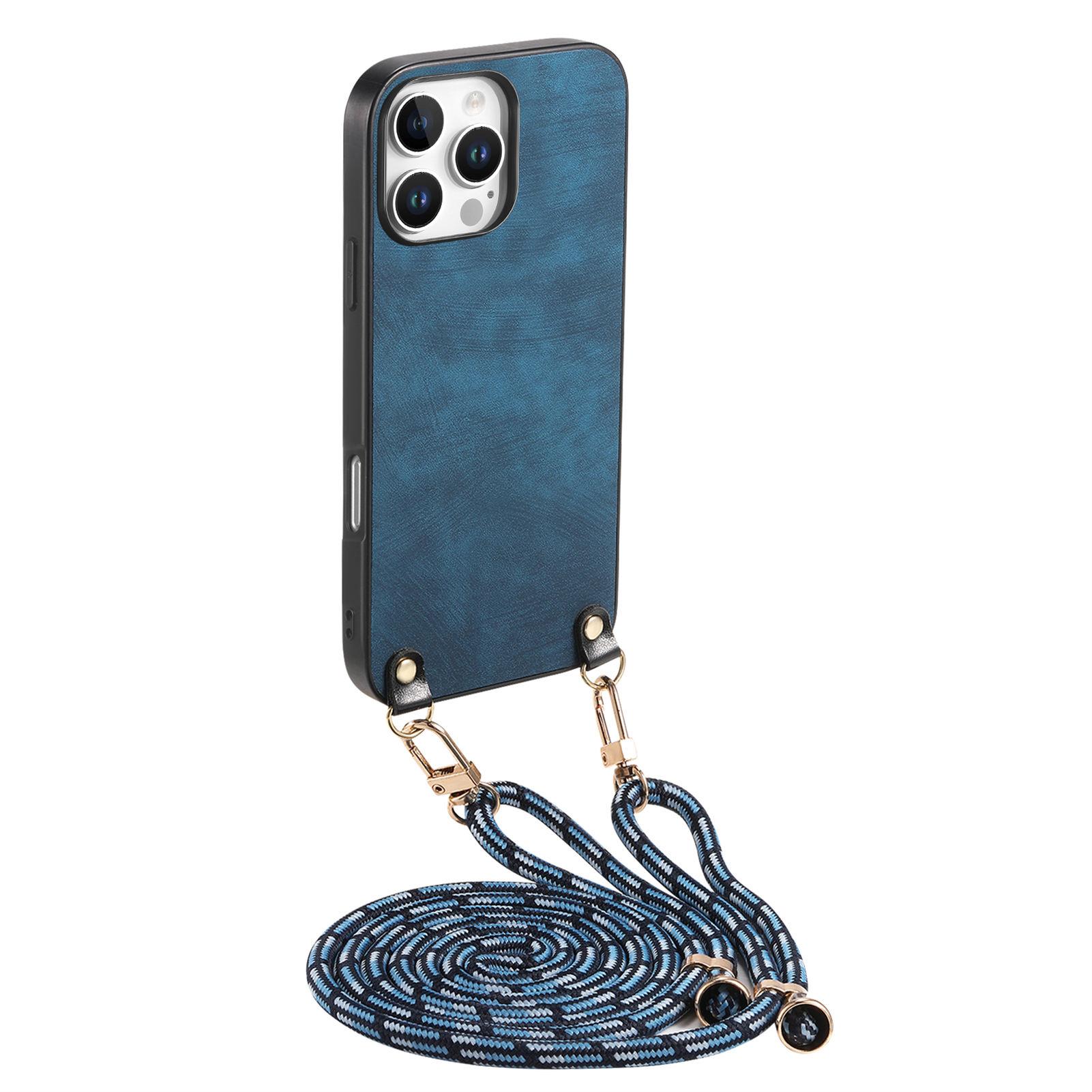 

For iPhone 16 Pro Max Retro Leather Phone Back Cover with Adjustable Strap Blue