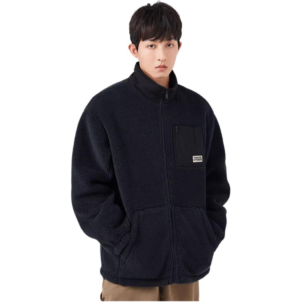 Anta Life Series Fleece-Lined Jacket With Back Letter Print And Zippered Stand Collar Men Jacket Black 952238611-2