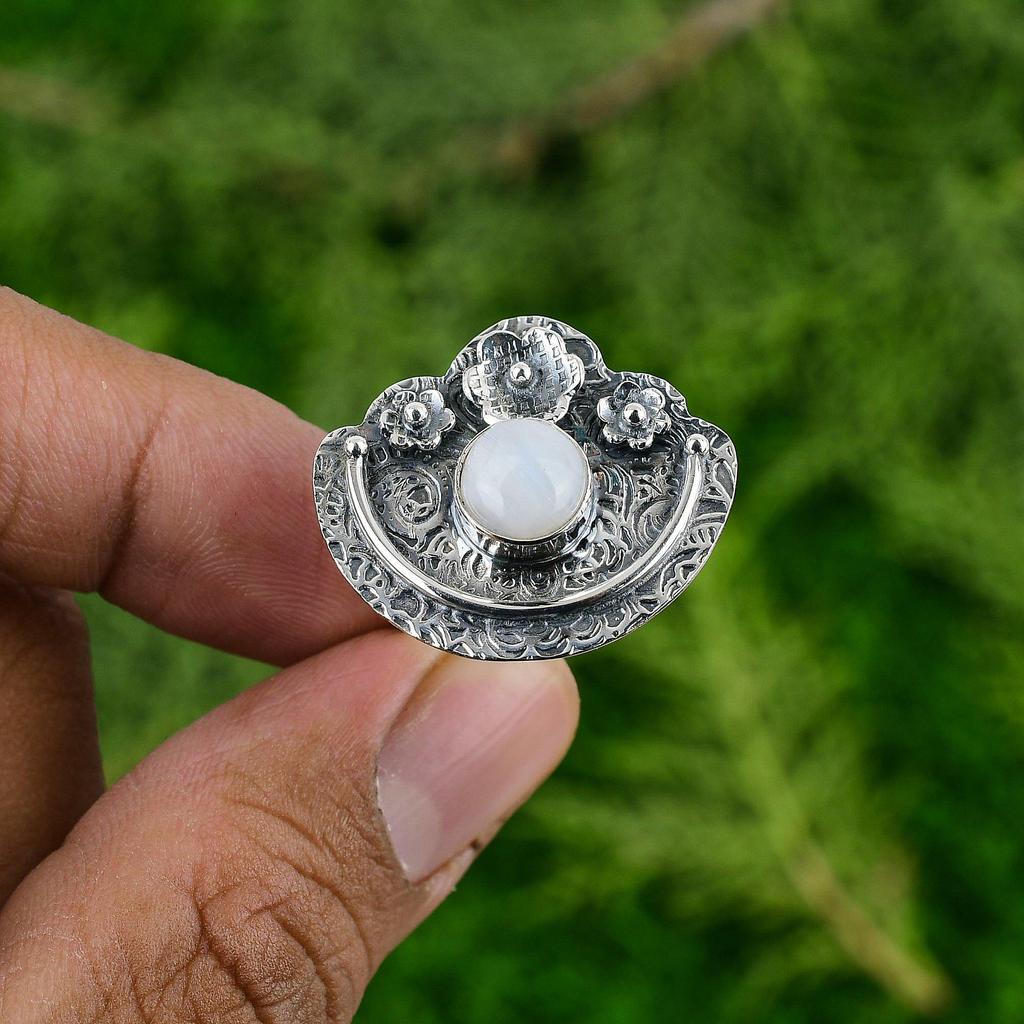 Natural Rainbow Moonstone Promise Flower White Adjustable Ring 925 Silver
