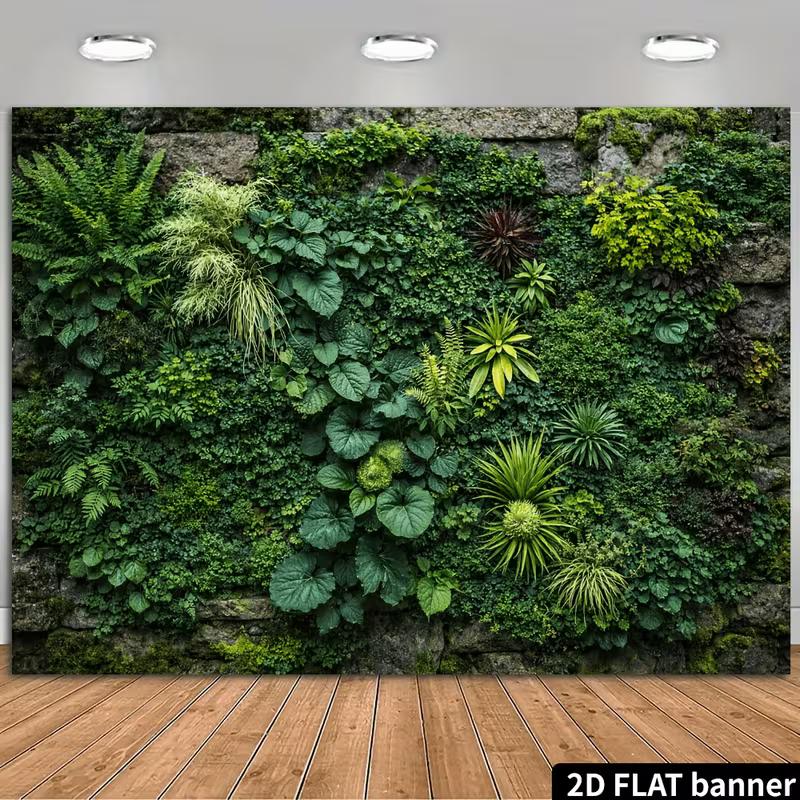 2D Lush Green Plant Banner, Moss Stone Wall Jungle Party Photo Booth Background