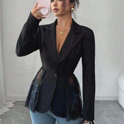 Eleganter Spitzen-Blazer-Mantel Damenmode Büro-Dame Langarm Einreiher Jacken Herbst Schwarz Lässige Schlanke Mäntel