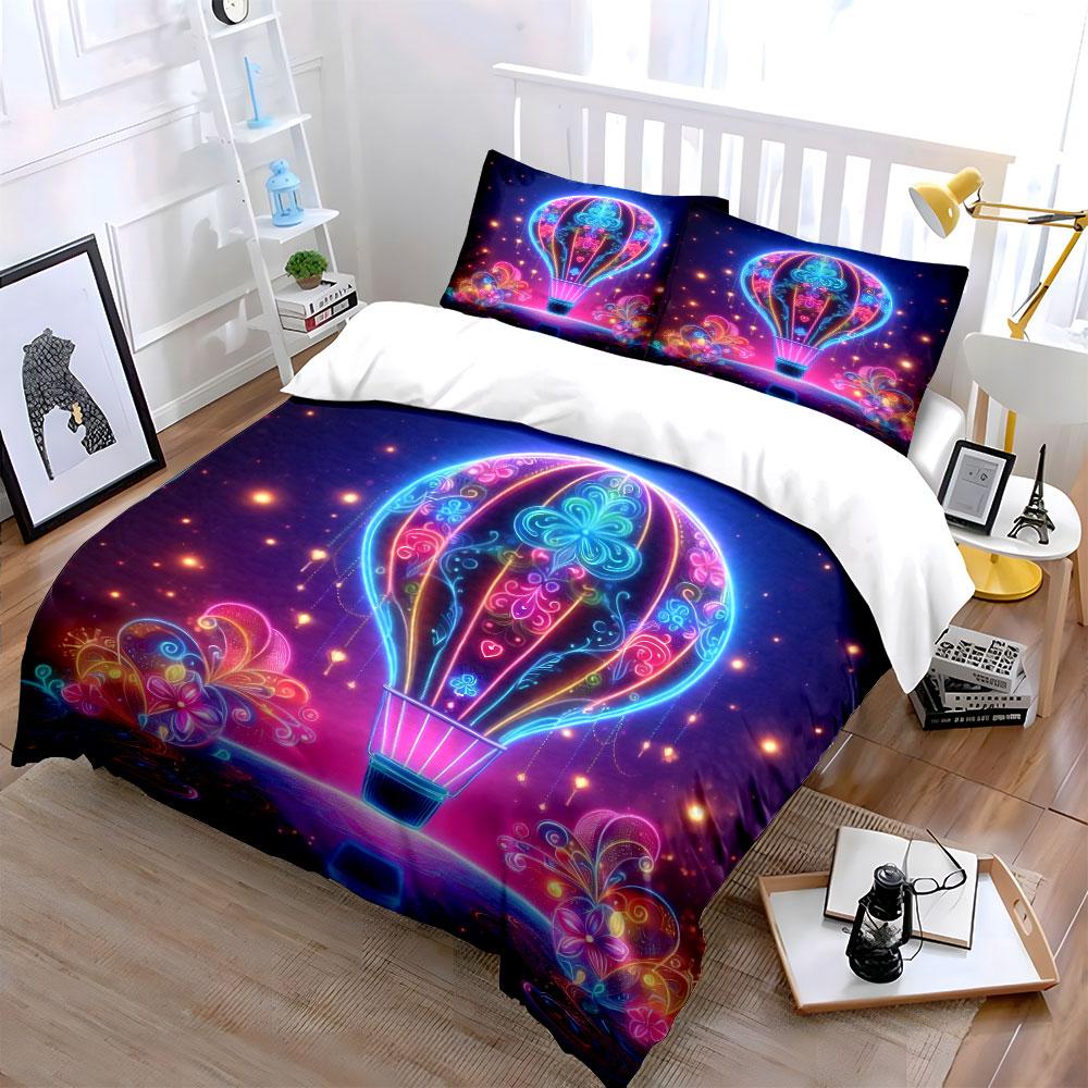 Colorful Hot Air Balloon Decor Bedding Set With 1 Duvet Cover 2 Pillowcases Single Double King Queen, Gift