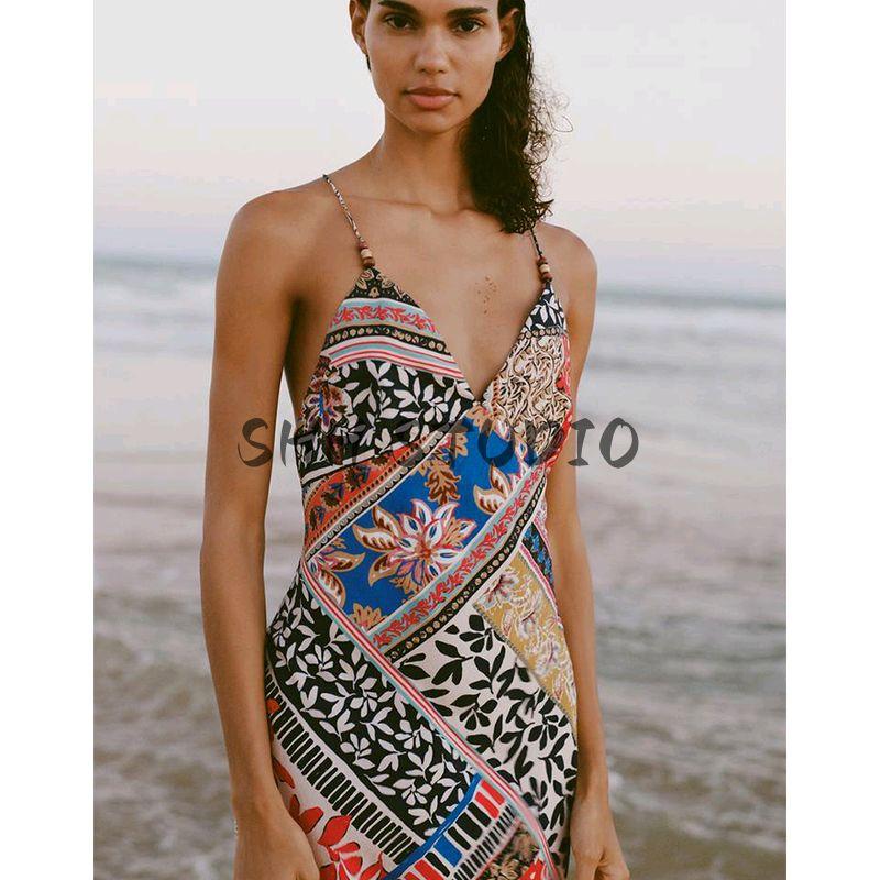 Spring and Summer New Women's Clothing V Neck Intimates Style French Patchwork Print Sling Midi Skirt Dress 3002244