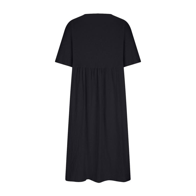 Women Fashion Solid Color Dress Large Loose Cotton Linen Round Neck Midi Dress Five Piece Sleeves