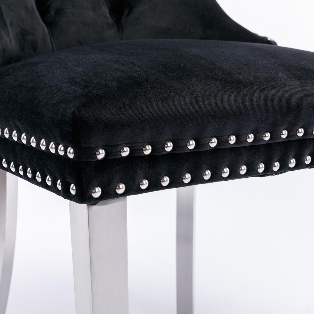 Modern, Tufted Solid Wood Velvet Upholstered Dining Chair with Chrome Stainless Steel Plating Legs,Nailhead Trim,Set of 2,Black and Chrome, DE1701BK