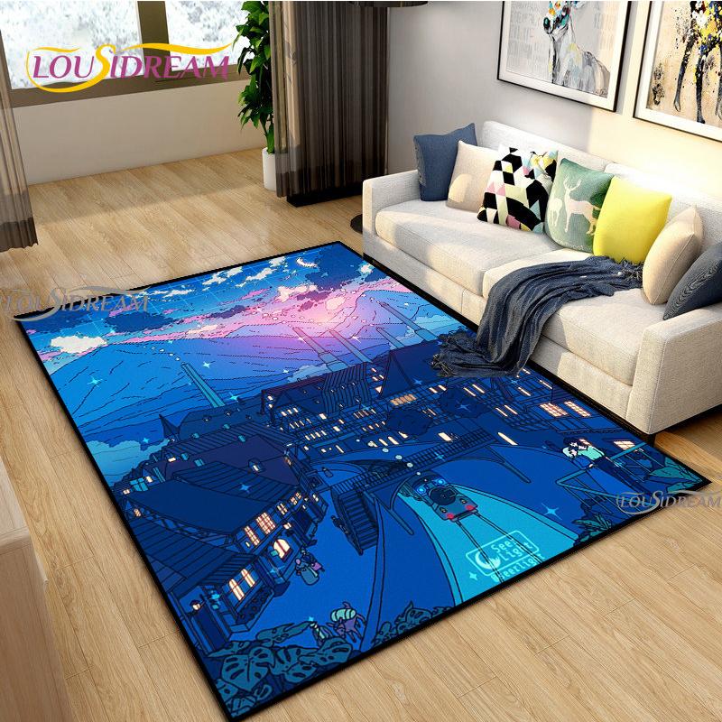 Japanese Anime Night Scene Rugs Child Game Floor Mat Alfombra Cartoon Carpets Modern Home Living Room Decor Washable Floor Rug