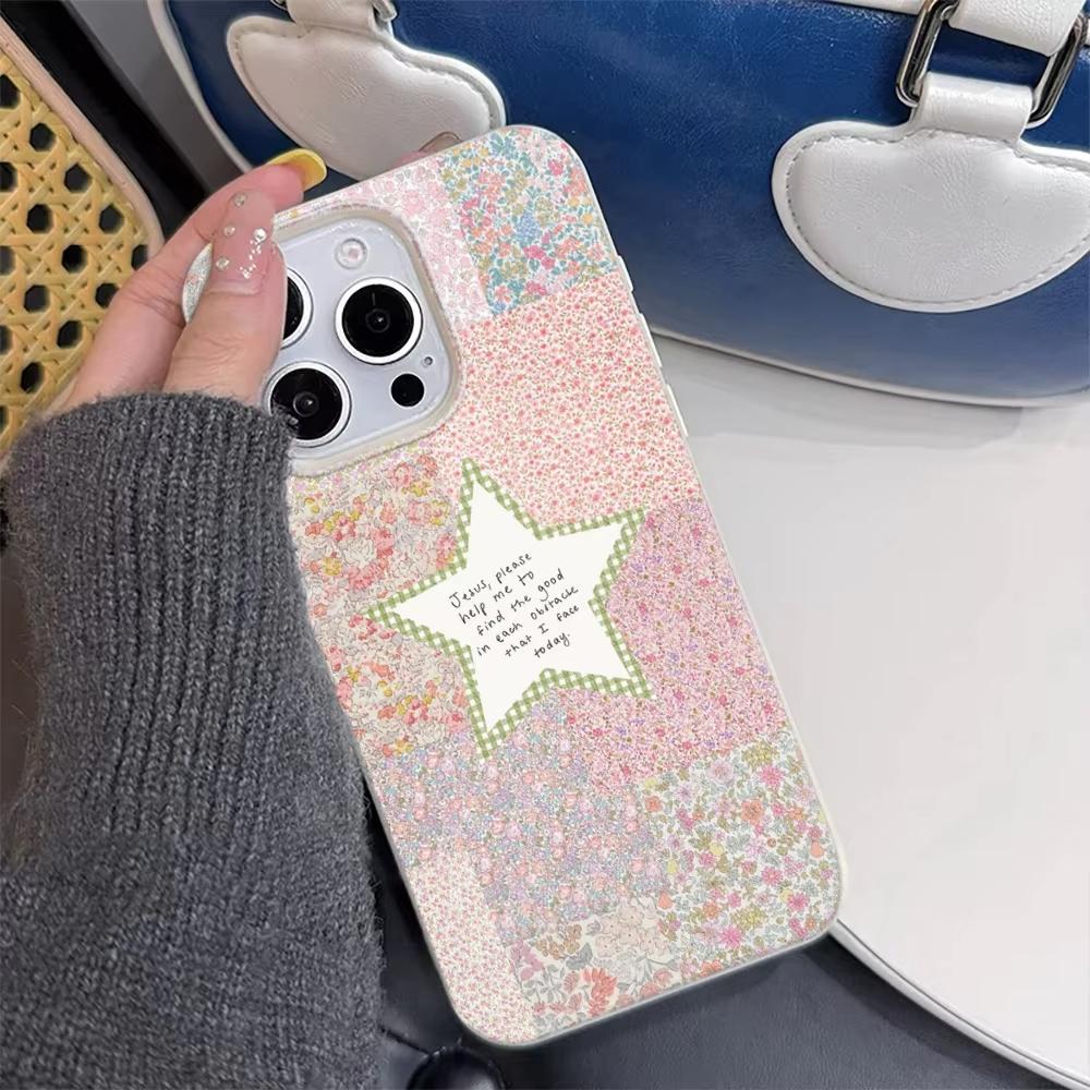 Five-Pointed Star Floral Print Lychee Grain Phone Case For iPhone 17 17Air 16 15 14 13 12 11 Pro Max 15 16 Plus Soft Cover Funda