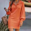 Lapel Lantern Sleeve Women's Mid-length Sweater Skirt, Autumn and Winter Warm Gray Temperament Solid Color Knitted Long Skirt