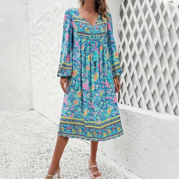 Spring Summer Casual Vacation Women Printed Long Sleeved Dress
