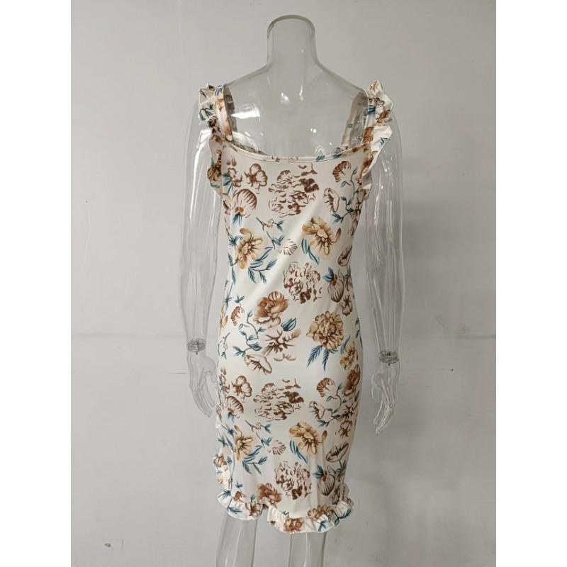 Summer Women Floral Print Butterfly Sleeve Bodycon Dress Ruffle V Neck Bandage Casual Short Sundress Female Beach Spaghetti Strap Mini Dress