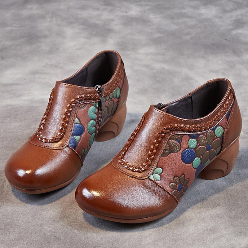 

Туфли для мам, новые женские туфли, кожаная обувь с толстым каблуком и мягкой подошвой, этнические туфли среднего возраста с круглым носком 41 темно-коричневого