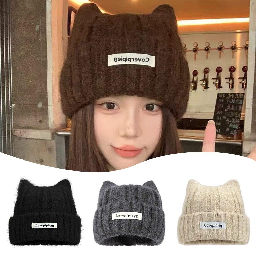 Windproof Beanie Hat Cat Ear Winter Bomber Cap Casual Knitted Woolen Cap for Women