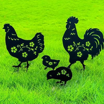 4pcs Garden Rooster Hen Chick Metal Decorative Creative Yard Chicken Family Insert Card Lawn Chicken Garden Plug Craft