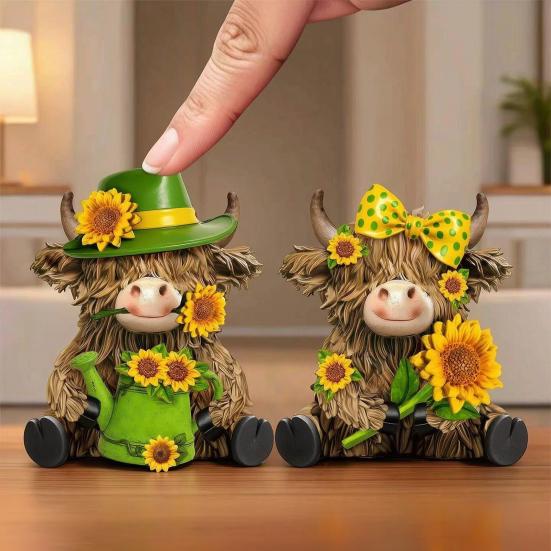 2 Pcs Sunflower Highland Cow Figurine, Spring Summer Scottish Cattle Sculpture, Cute Farm Animal Wooden Statue for Kitchen, Table, Shelf Decor