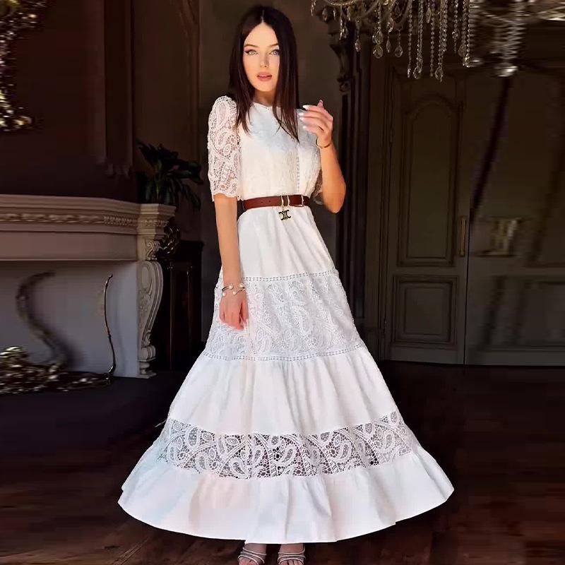 2024 Autumn Elegant Solid Color Hollow-Out Round Neck Dress