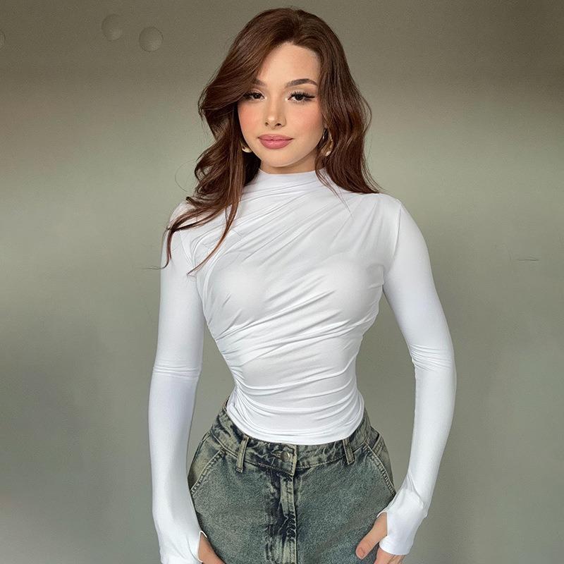 Women's Fall Solid Color Slim-fit Long Sleeve Base Top Sexy Spice Pleated Tight T-shirt