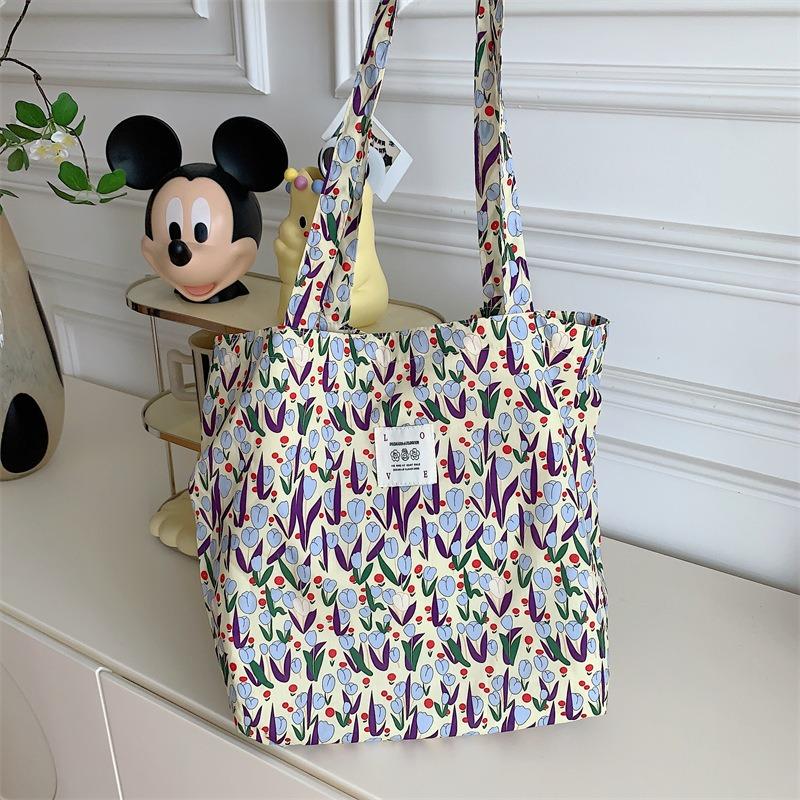 New tote bag large capacity foreign style floral canvas shoulder bag portable girl student shopping bag