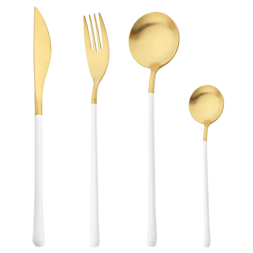 4Pcs White Gold Cutlery 18/10 Stainless Steel Dinnerware Set Spoon Fork Knife Western Home Silverware Tableware Set Supplies