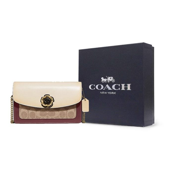 Coach Parker 18 Camellia Turnlock Color Block Signature Print Coated Canvas And Leather Chain Shoulder Bag Women Shoulder Bag 1680-B4QVB