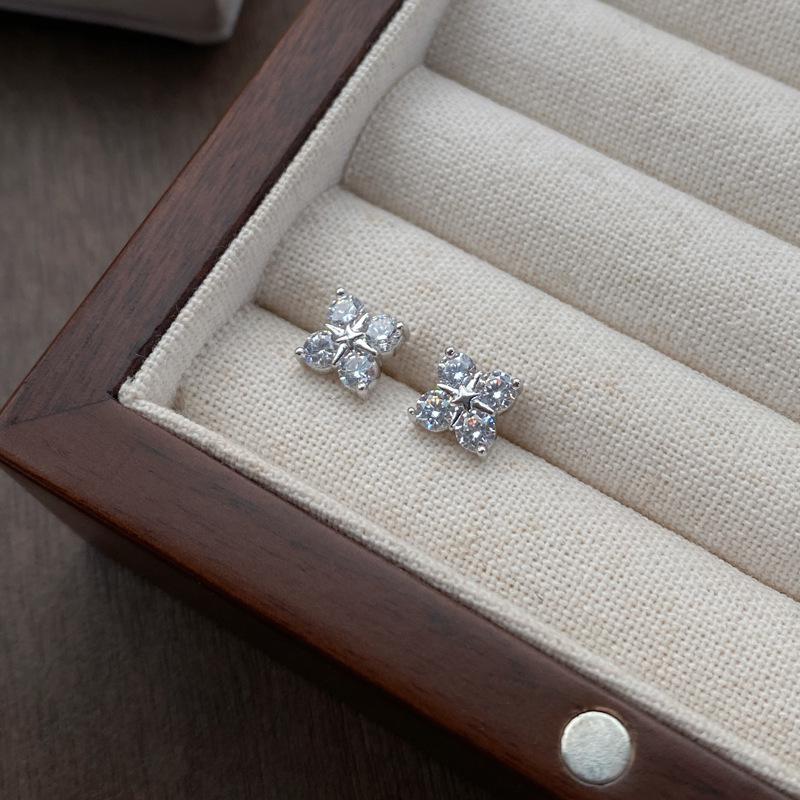 S999 Sterling Silver Four-Leaf Clover Zircon Stud Earrings for Women - Elegant, Simple, Versatile Light Luxury Design Sterling Silver