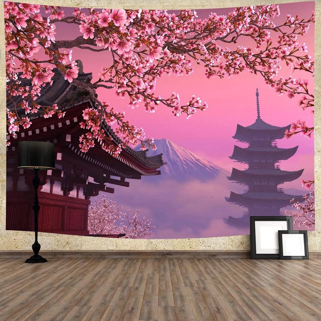 Anime krajina Tapiserie Japonská hora s třešňovými květy Tapiserie Sakura Vesnice Estetické umění Nástěnná tapiserie pro ložnici