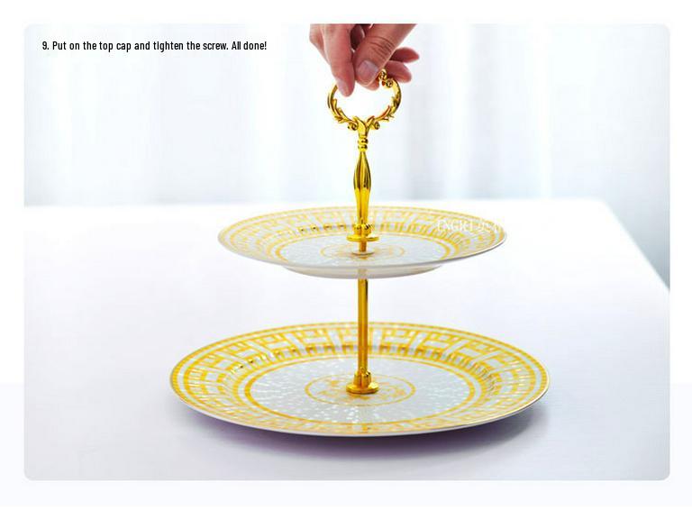 Elegant European Style Bone China Two-Tier Afternoon Tea Stand with Gold Mosaic Design