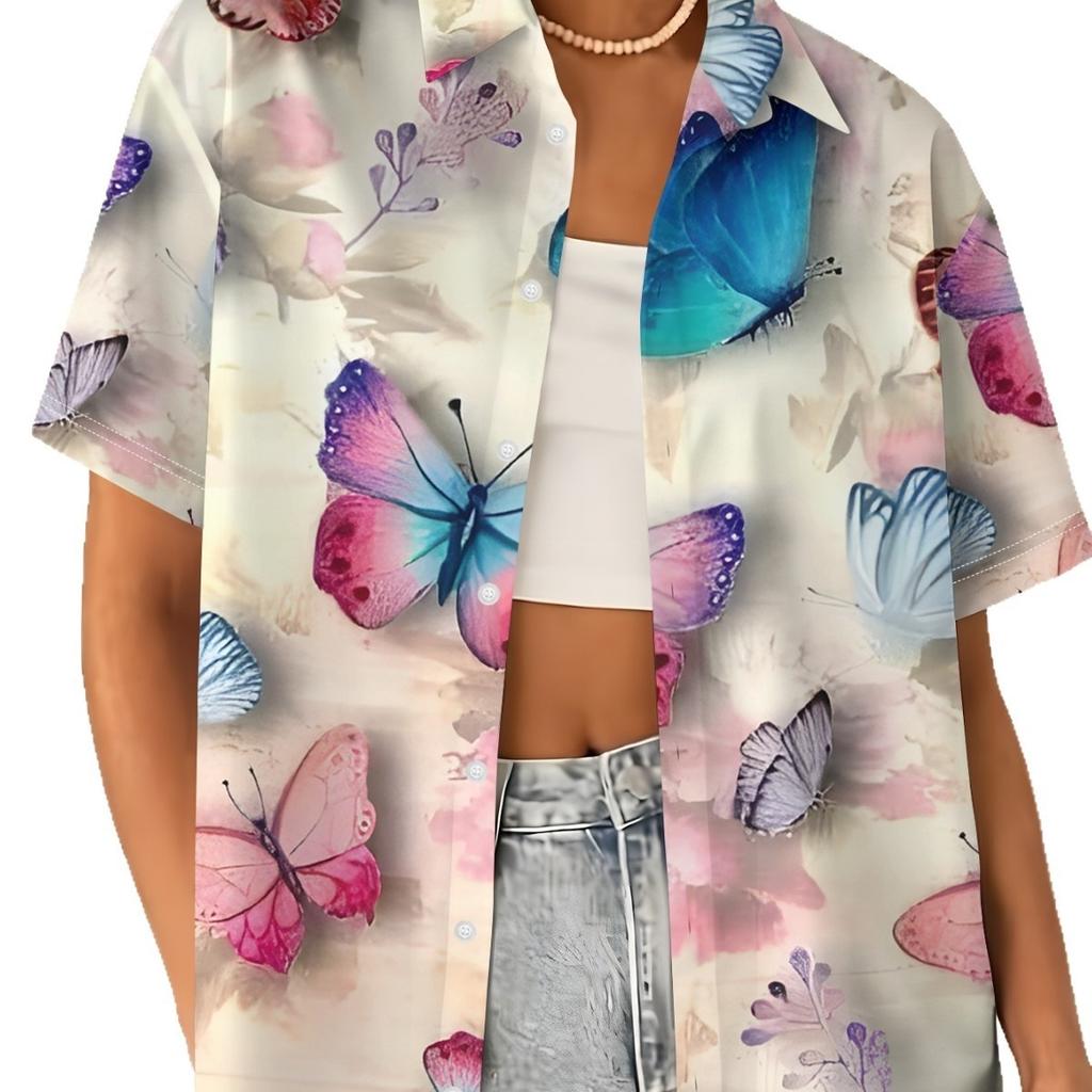 Gentle blue floral printed shirt for women, short-sleeve loose lapel design, niche vacation style top